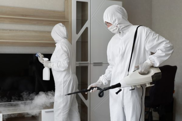 Coronavirus disinfection. Virologists disinfect the apartment with hot steam. Coronavirus disinfection. Virologists disinfect the apartment with hot steam.